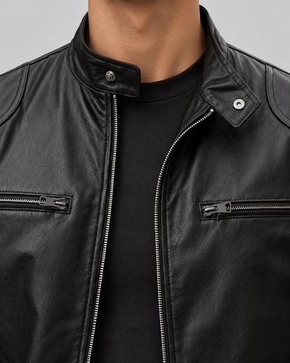 Men's Leather Racer Jacket - Zip Up Stand Collar