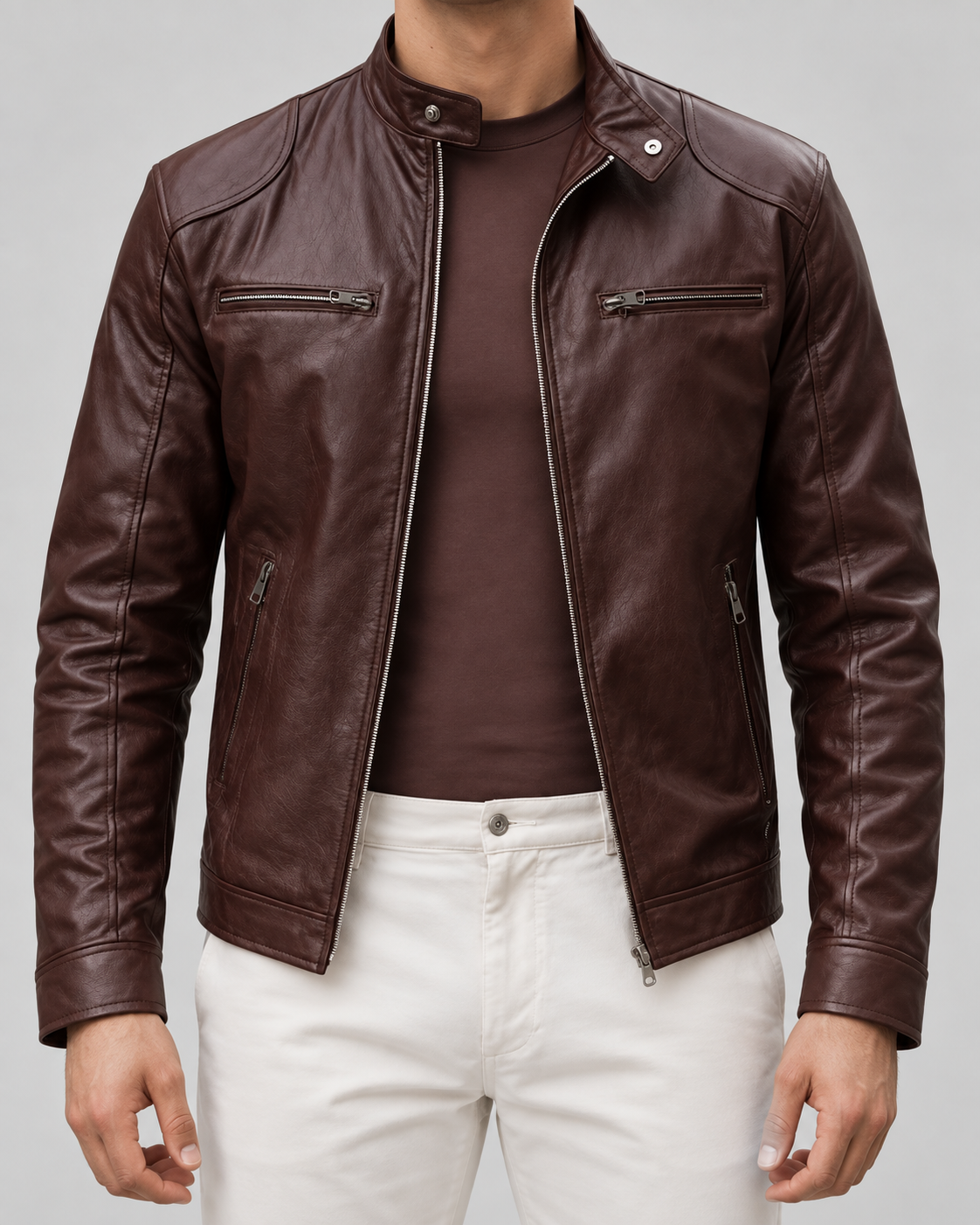 Men's Leather Racer Jacket - Zip Up Stand Collar