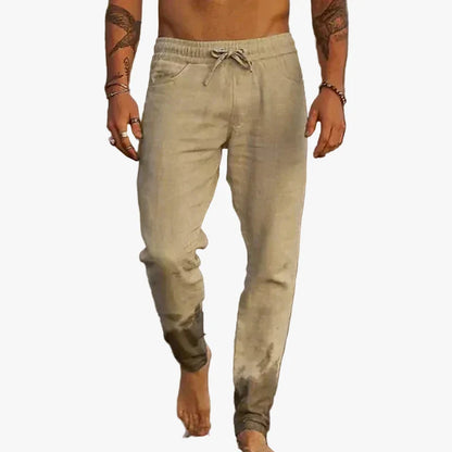 Men's Linen Blend Pants with Drawstring Waist and Tapered Gathered Ankles