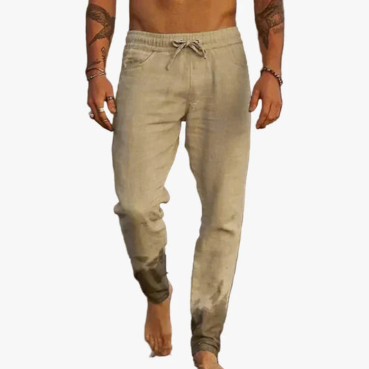 Men's Linen Blend Pants with Drawstring Waist and Tapered Gathered Ankles