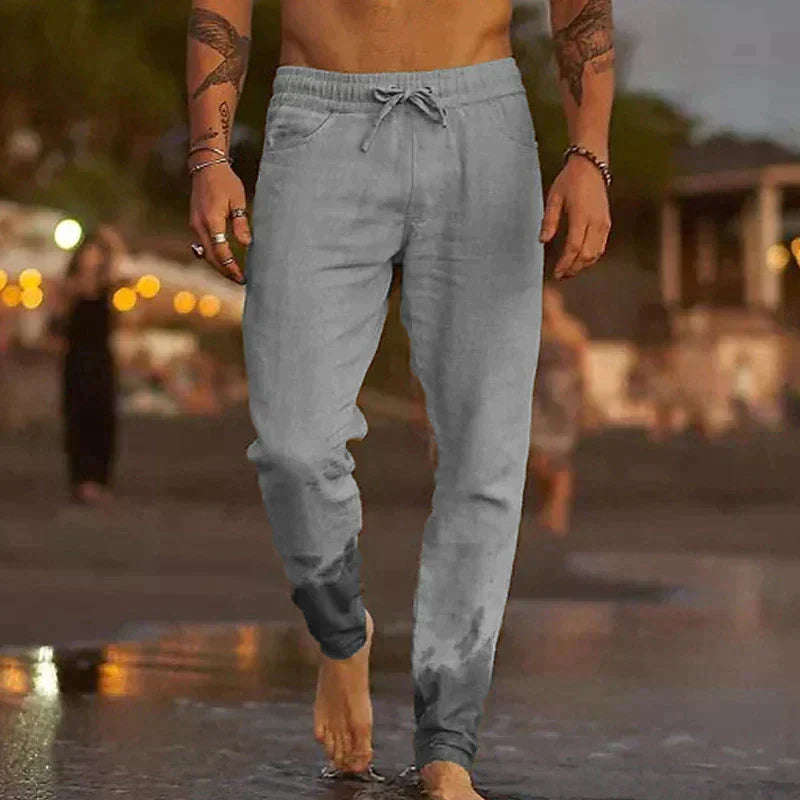 Men's Linen Blend Pants with Drawstring Waist and Tapered Gathered Ankles
