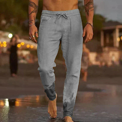 Men's Linen Blend Pants with Drawstring Waist and Tapered Gathered Ankles
