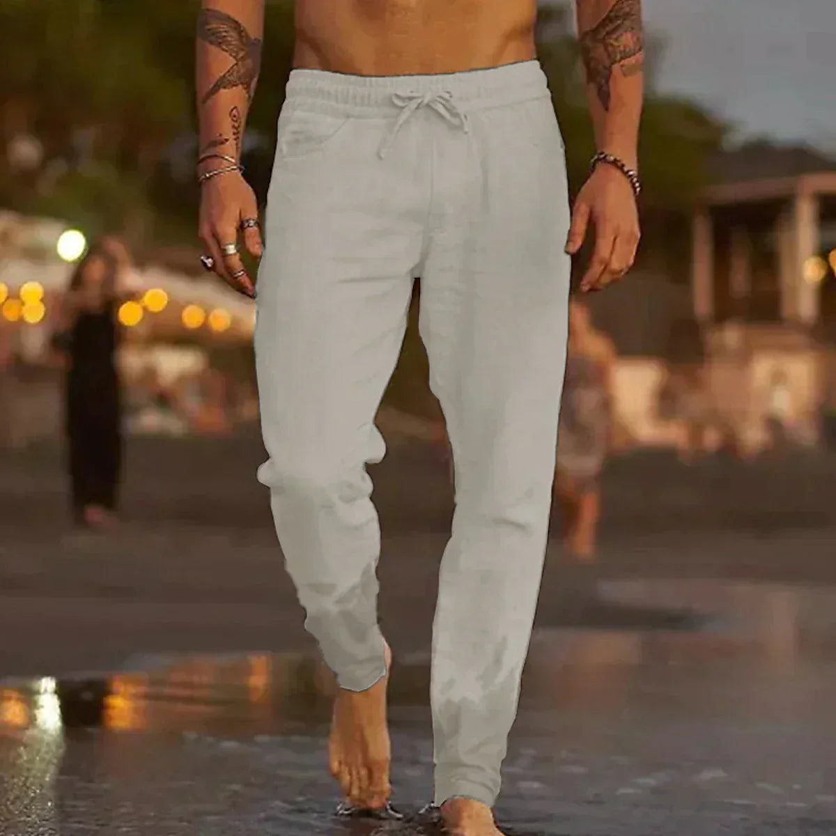 Men's Linen Blend Pants with Drawstring Waist and Tapered Gathered Ankles