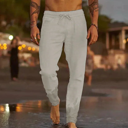 Men's Linen Blend Pants with Drawstring Waist and Tapered Gathered Ankles