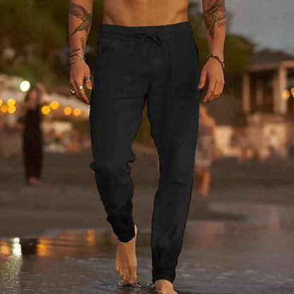 Men's Linen Blend Pants with Drawstring Waist and Tapered Gathered Ankles