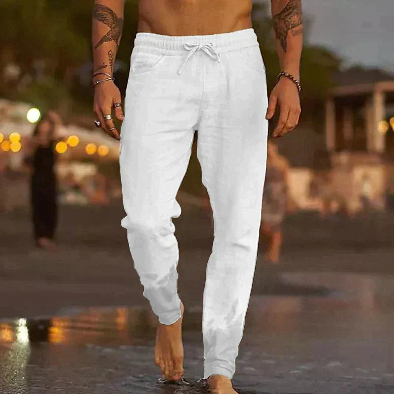 Men's Linen Blend Pants with Drawstring Waist and Tapered Gathered Ankles