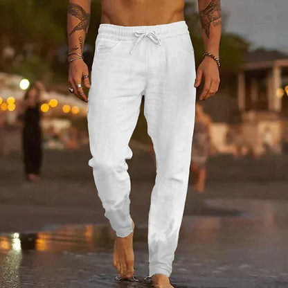 Men's Linen Blend Pants with Drawstring Waist and Tapered Gathered Ankles