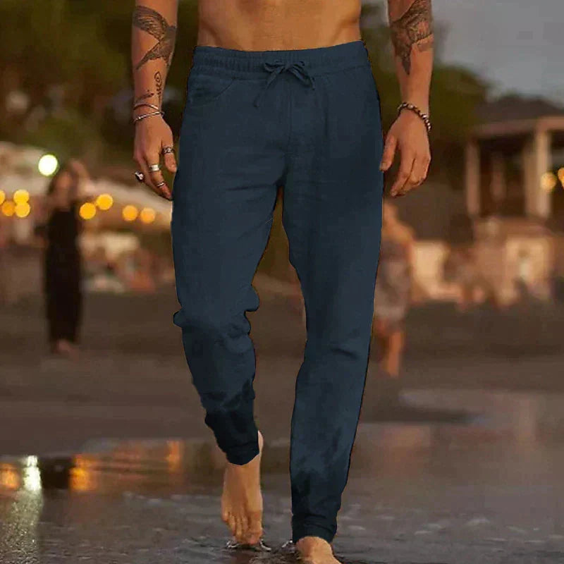 Men's Linen Blend Pants with Drawstring Waist and Tapered Gathered Ankles