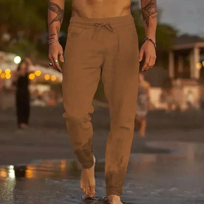 Men's Linen Blend Pants with Drawstring Waist and Tapered Gathered Ankles