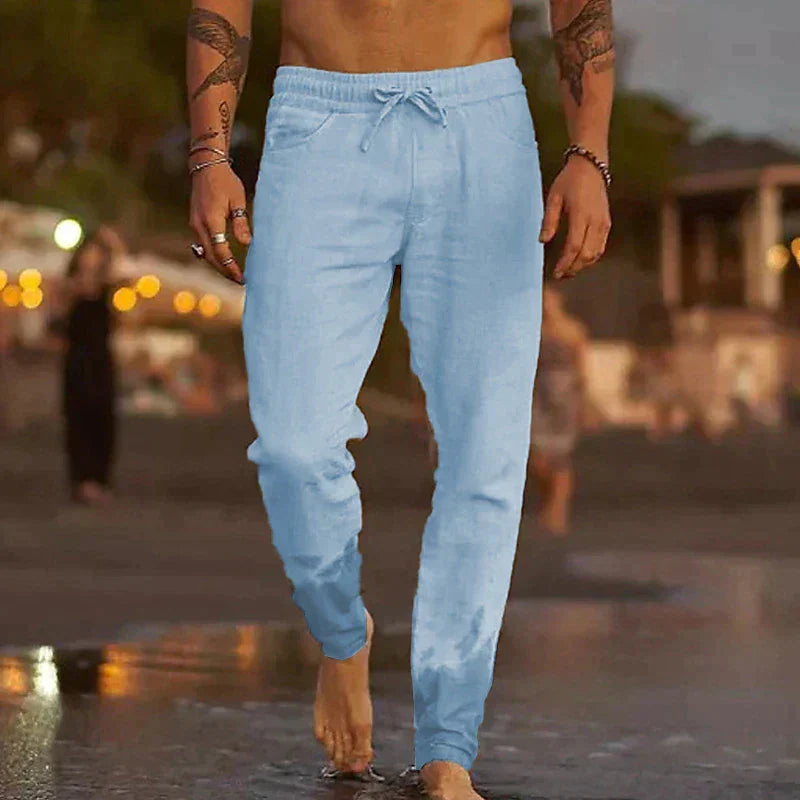Men's Linen Blend Pants with Drawstring Waist and Tapered Gathered Ankles
