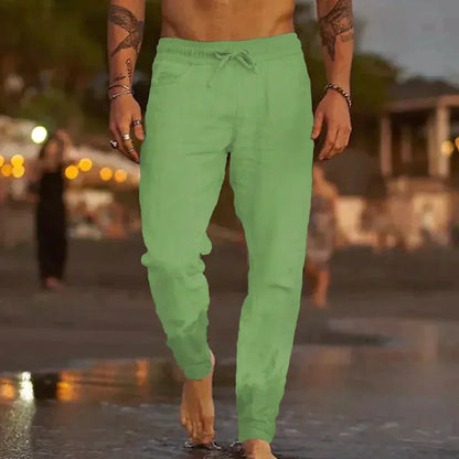 Men's Linen Blend Pants with Drawstring Waist and Tapered Gathered Ankles