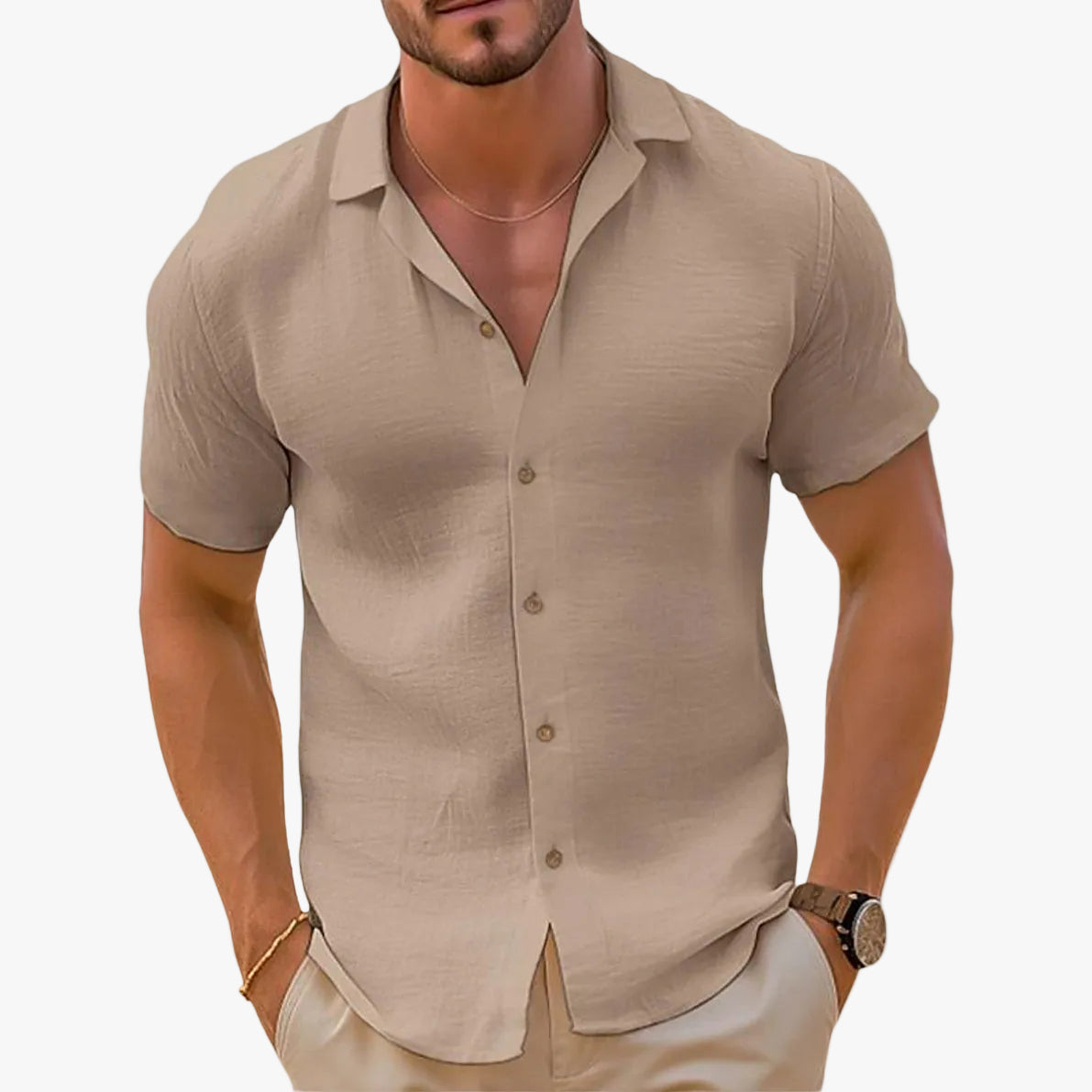 Men's Linen-Blend Woven Shirt with Button Placket and Spread Collar