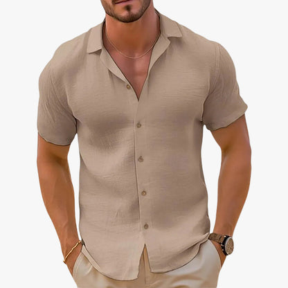 Men's Linen-Blend Woven Shirt with Button Placket and Spread Collar