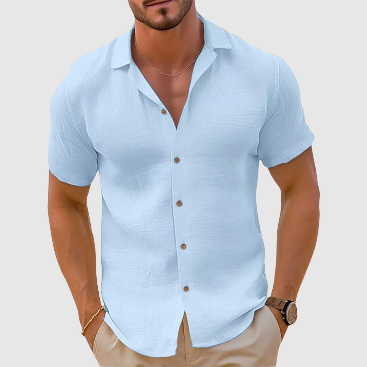 Men's Linen-Blend Woven Shirt with Button Placket and Spread Collar