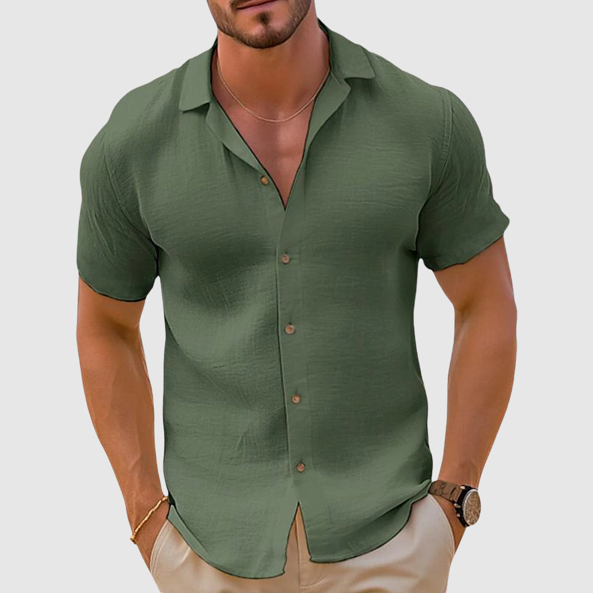 Men's Linen-Blend Woven Shirt with Button Placket and Spread Collar