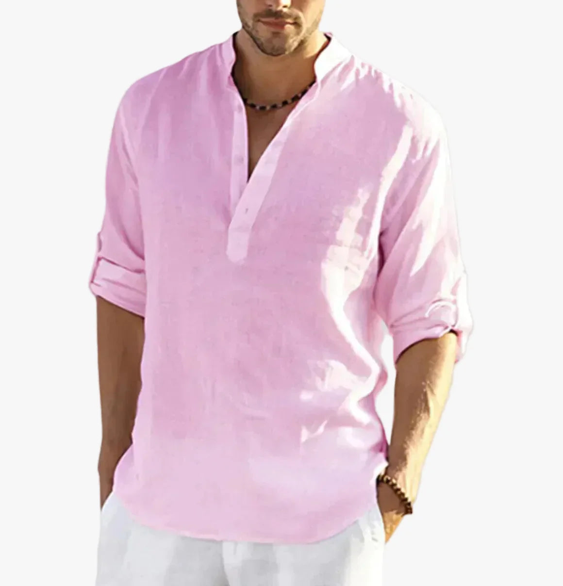 Men's Linen Shirt with Modern Band Collar and Half Placket Design