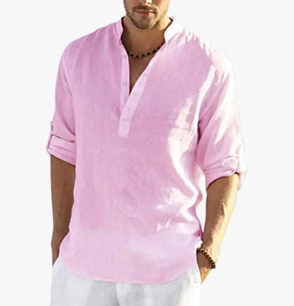 Men's Linen Shirt with Modern Band Collar and Half Placket Design