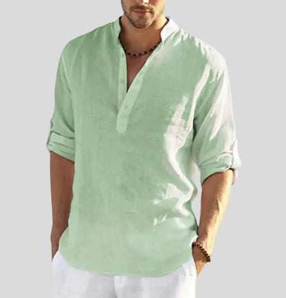 Men's Linen Shirt with Modern Band Collar and Half Placket Design