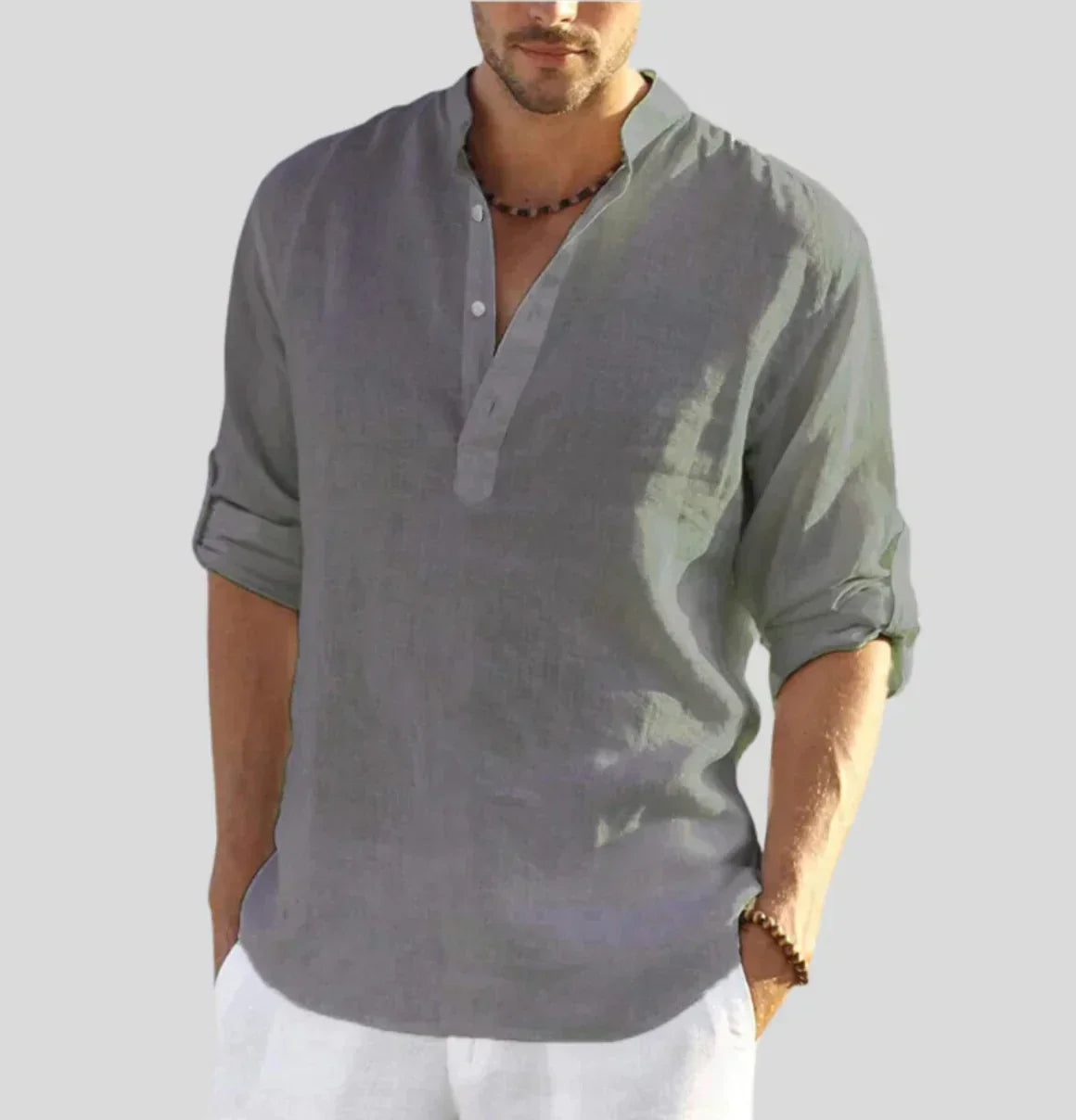 Men's Linen Shirt with Modern Band Collar and Half Placket Design