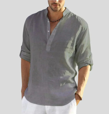 Men's Linen Shirt with Modern Band Collar and Half Placket Design