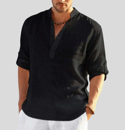Men's Linen Shirt with Modern Band Collar and Half Placket Design