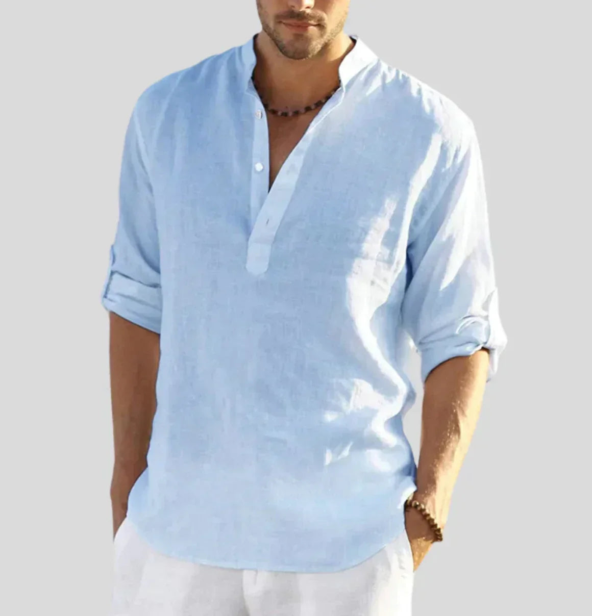 Men's Linen Shirt with Modern Band Collar and Half Placket Design