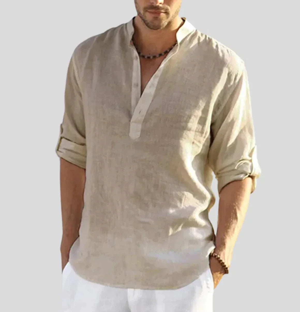 Men's Linen Shirt with Modern Band Collar and Half Placket Design