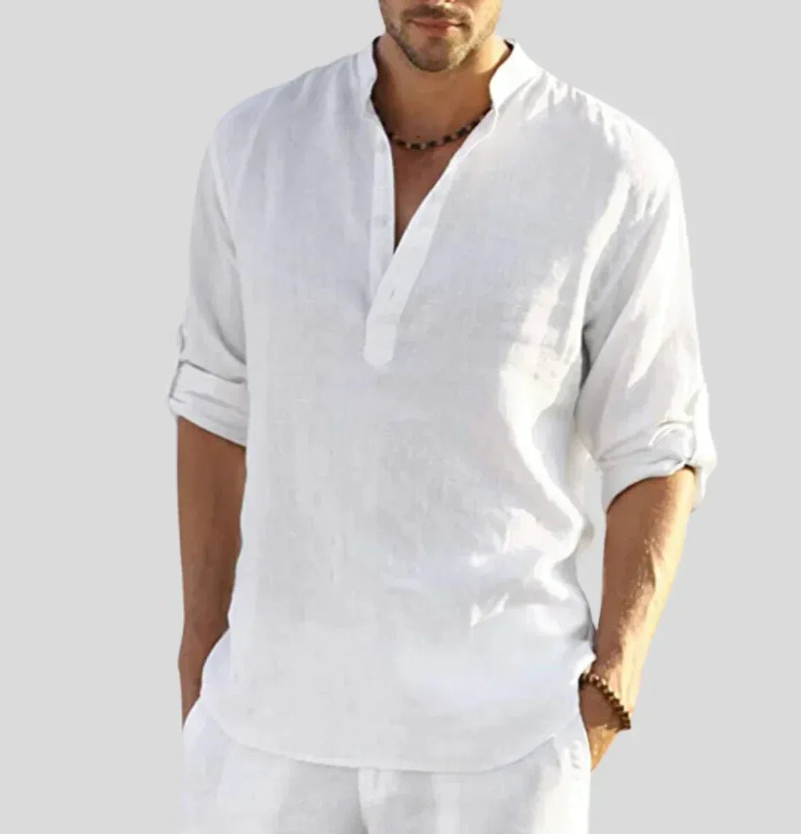 Men's Linen Shirt with Modern Band Collar and Half Placket Design