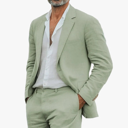 Men's Linen Suit with Notched Lapel and Flat-Front Trousers