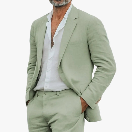 Men's Linen Suit with Notched Lapel and Flat-Front Trousers