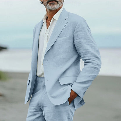 Men's Linen Suit with Notched Lapel and Flat-Front Trousers