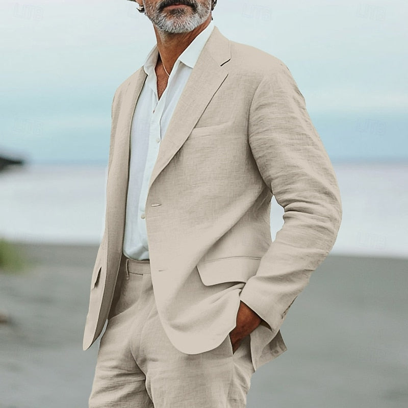 Men's Linen Suit with Notched Lapel and Flat-Front Trousers