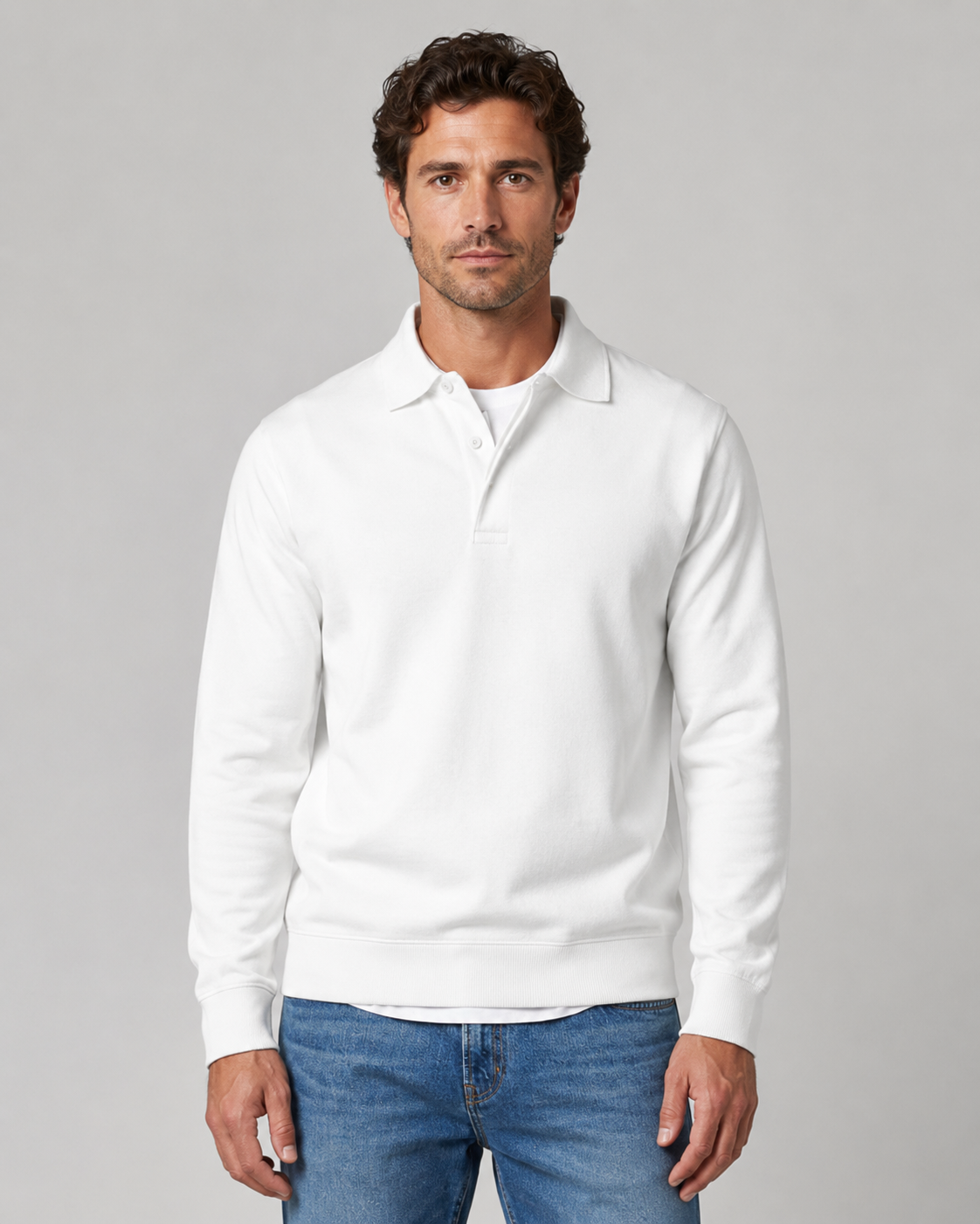 Men's Long Sleeve Polo Sweater - Collared Button Neck