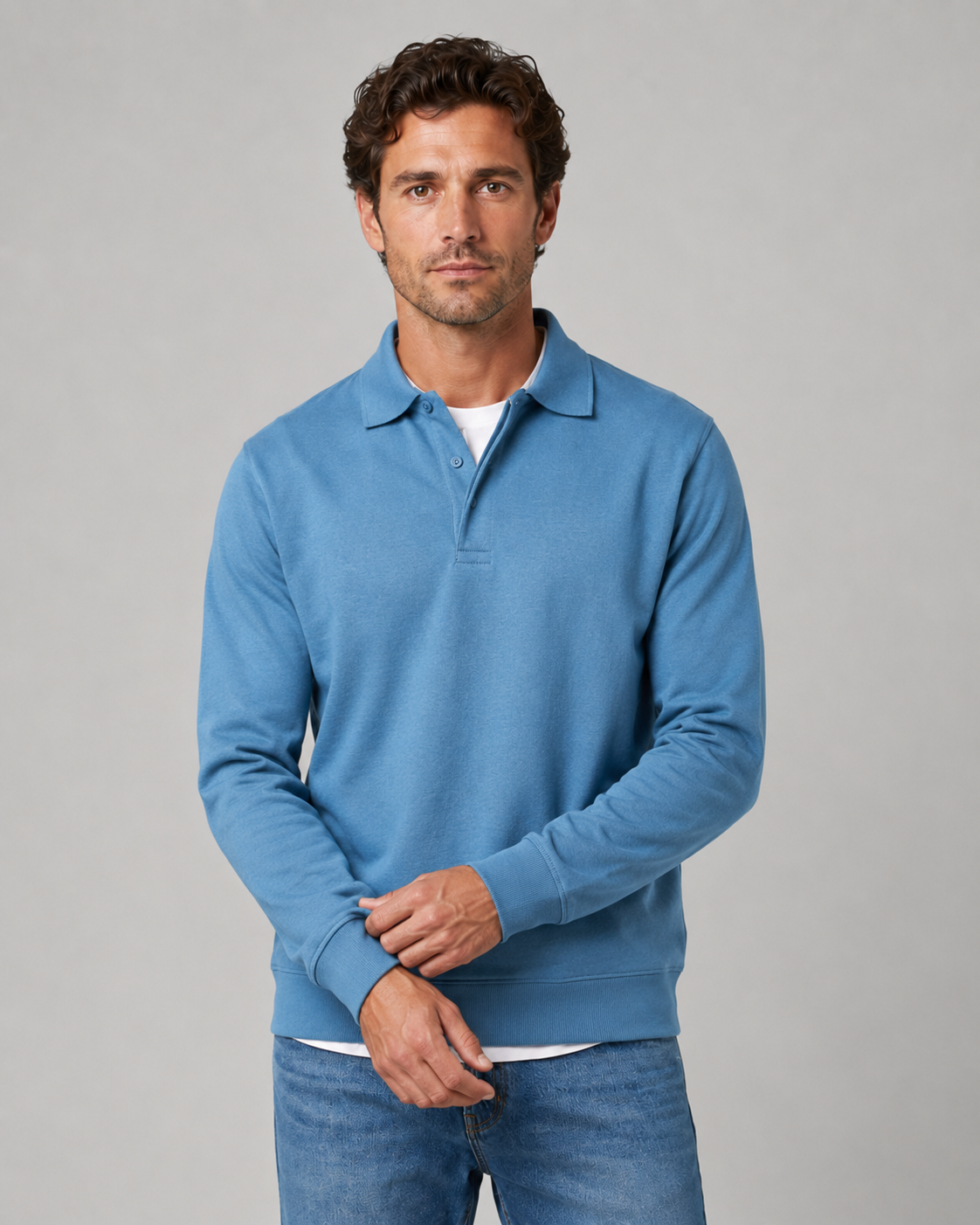 Men's Long Sleeve Polo Sweater - Collared Button Neck
