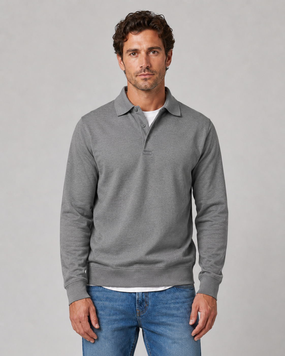 Men's Long Sleeve Polo Sweater - Collared Button Neck