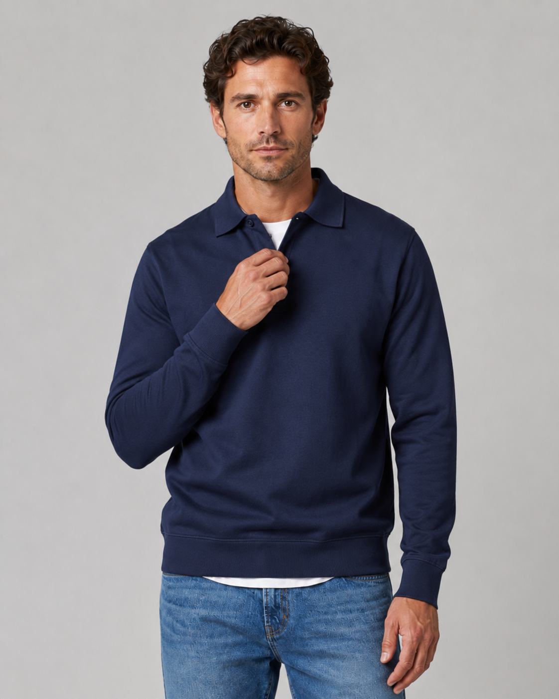 Men's Long Sleeve Polo Sweater - Collared Button Neck