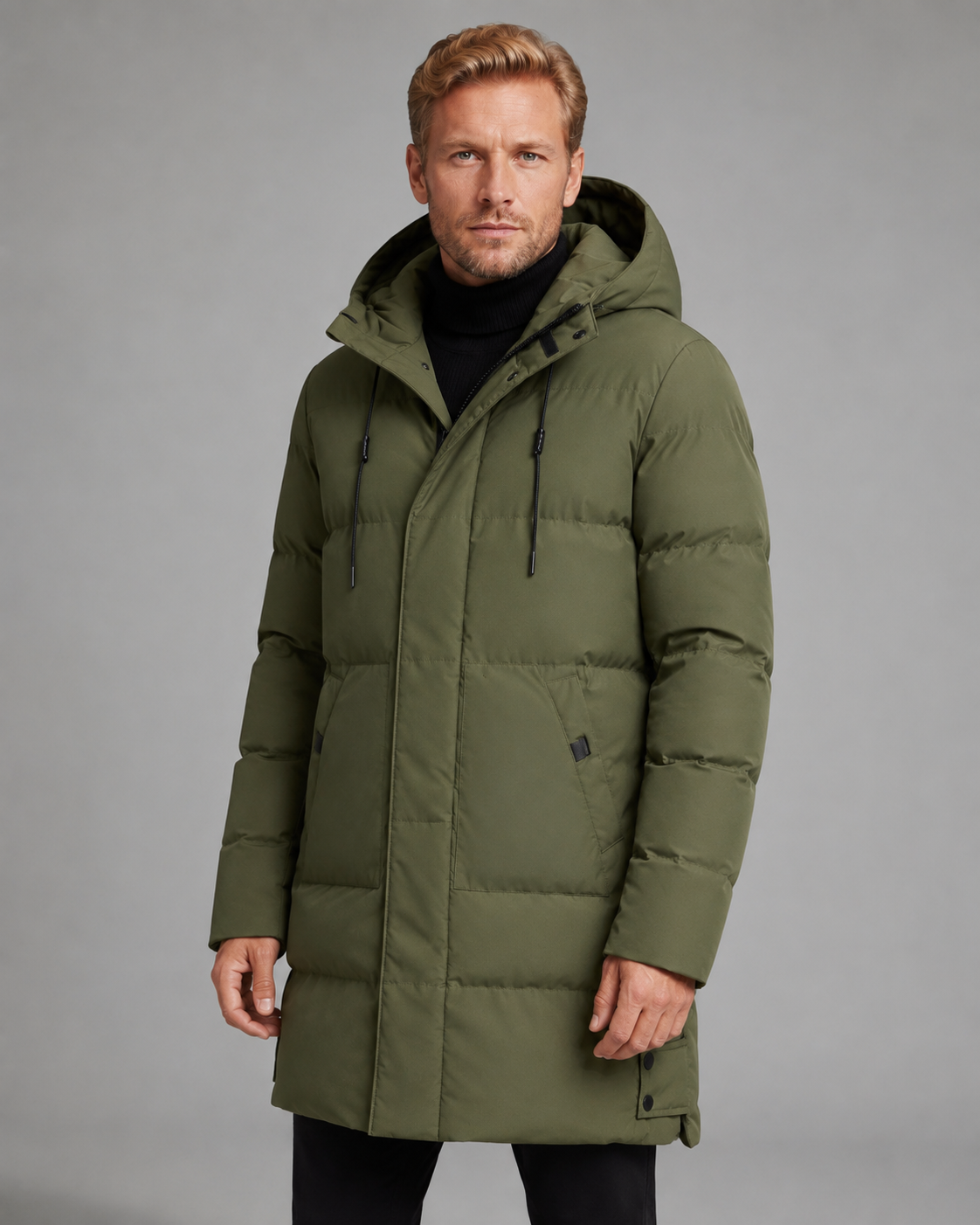 Men's Long Puffer Coat - Hooded Mid Length