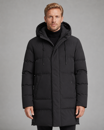 Men's Long Puffer Coat - Hooded Mid Length