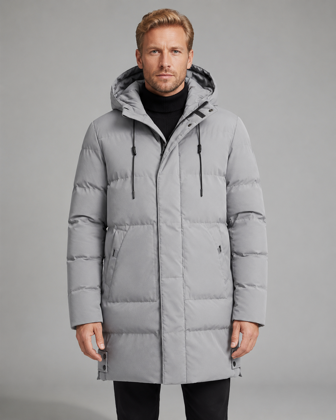 Men's Long Puffer Coat - Hooded Mid Length