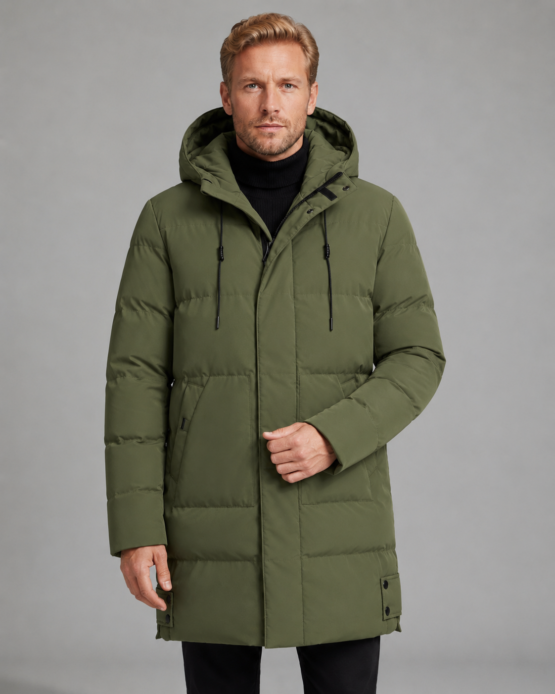 Men's Long Puffer Coat - Hooded Mid Length