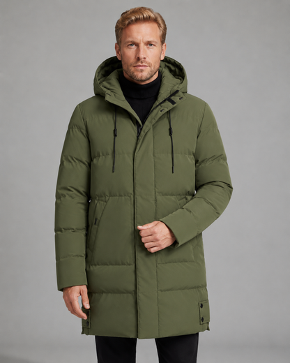 Men's Long Puffer Coat - Hooded Mid Length