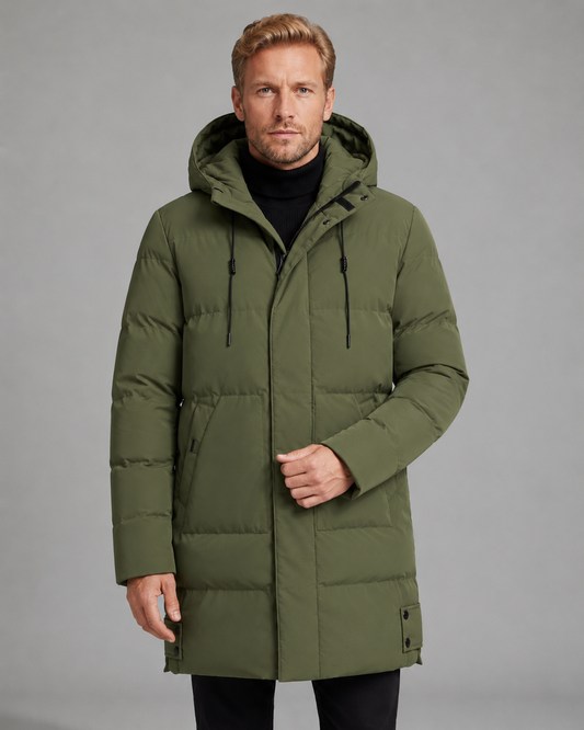 Men's Long Puffer Coat - Hooded Mid Length