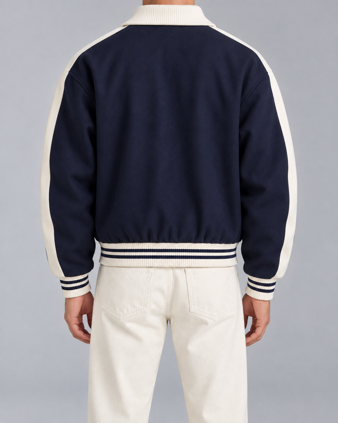 Men's Varsity Jacket - Navy Contrast Stripe Snap Button