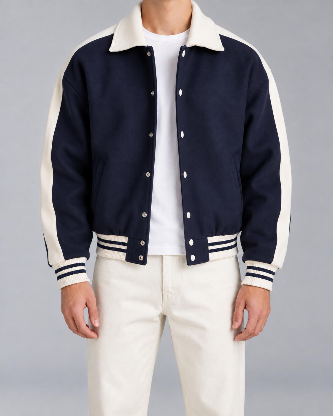 Men's Varsity Jacket - Navy Contrast Stripe Snap Button