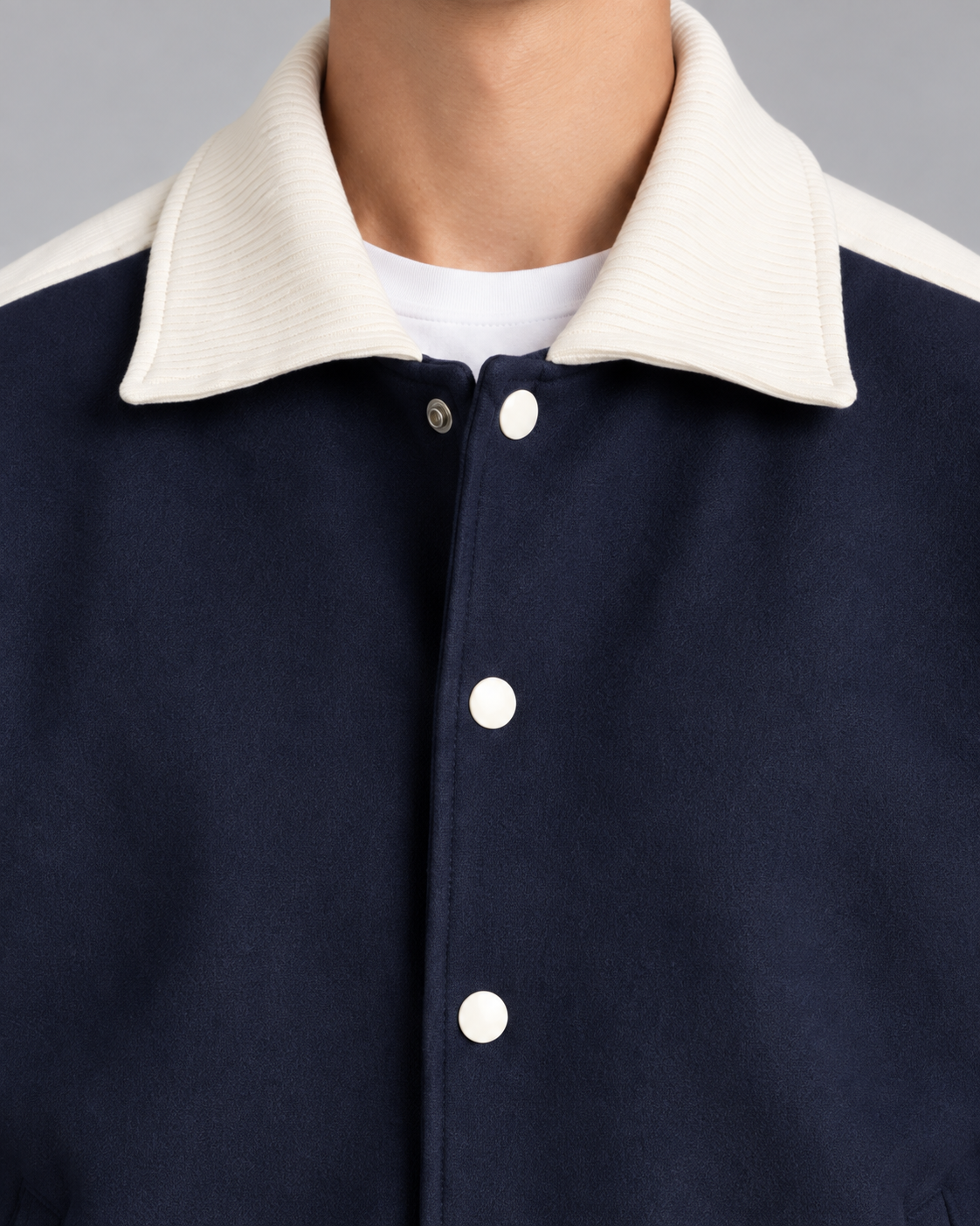 Men's Varsity Jacket - Navy Contrast Stripe Snap Button