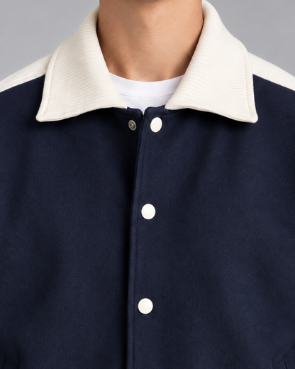 Men's Varsity Jacket - Navy Contrast Stripe Snap Button