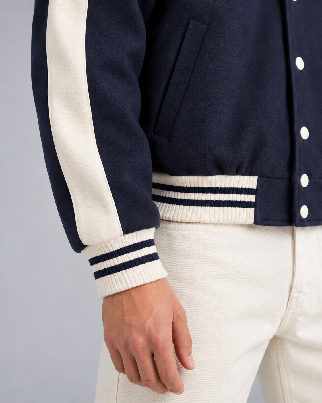 Men's Varsity Jacket - Navy Contrast Stripe Snap Button