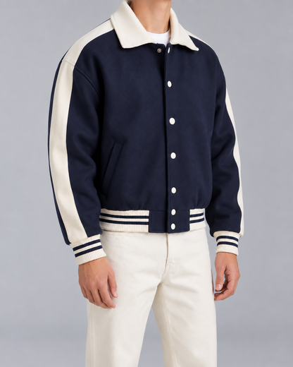 Men's Varsity Jacket - Navy Contrast Stripe Snap Button