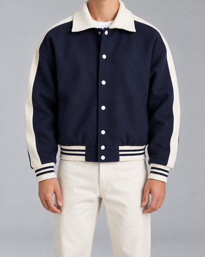 Men's Varsity Jacket - Navy Contrast Stripe Snap Button
