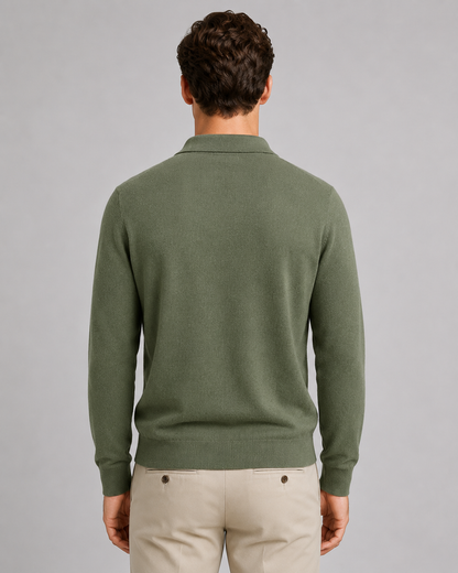 Men's Knit Polo Shirt - Open Collar Long Sleeve Sweater
